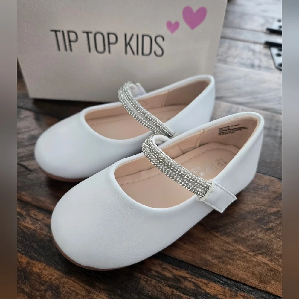 Tip Top Kids Girls MaryJane White Shoe with Rhinestone Strap. Style S187…